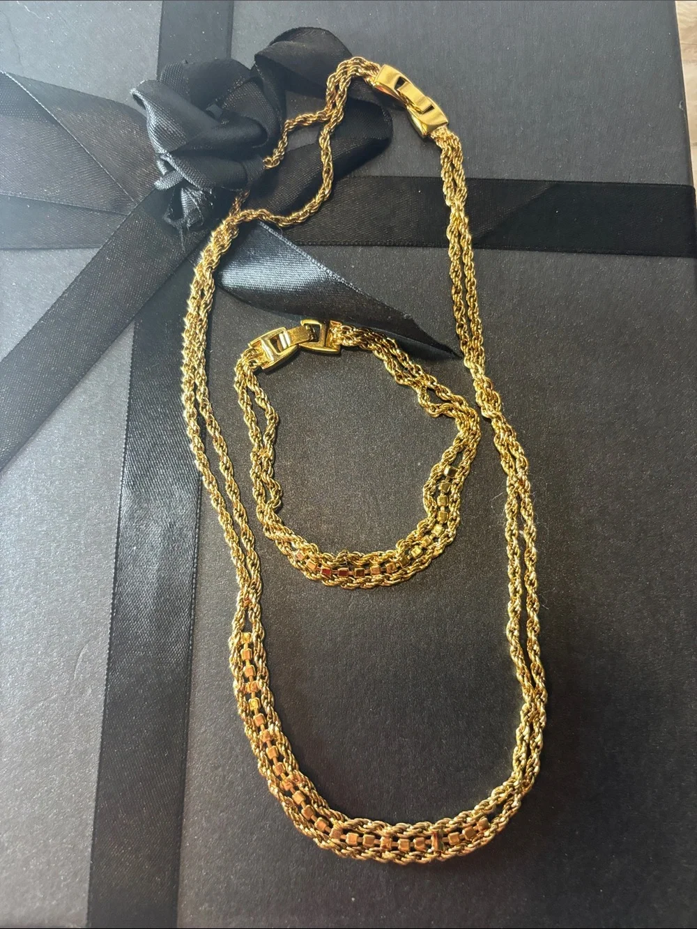 7 3/4” Gold-Tone Braided Chain Bracelet & 18” Necklace with Pink Clear Crystals